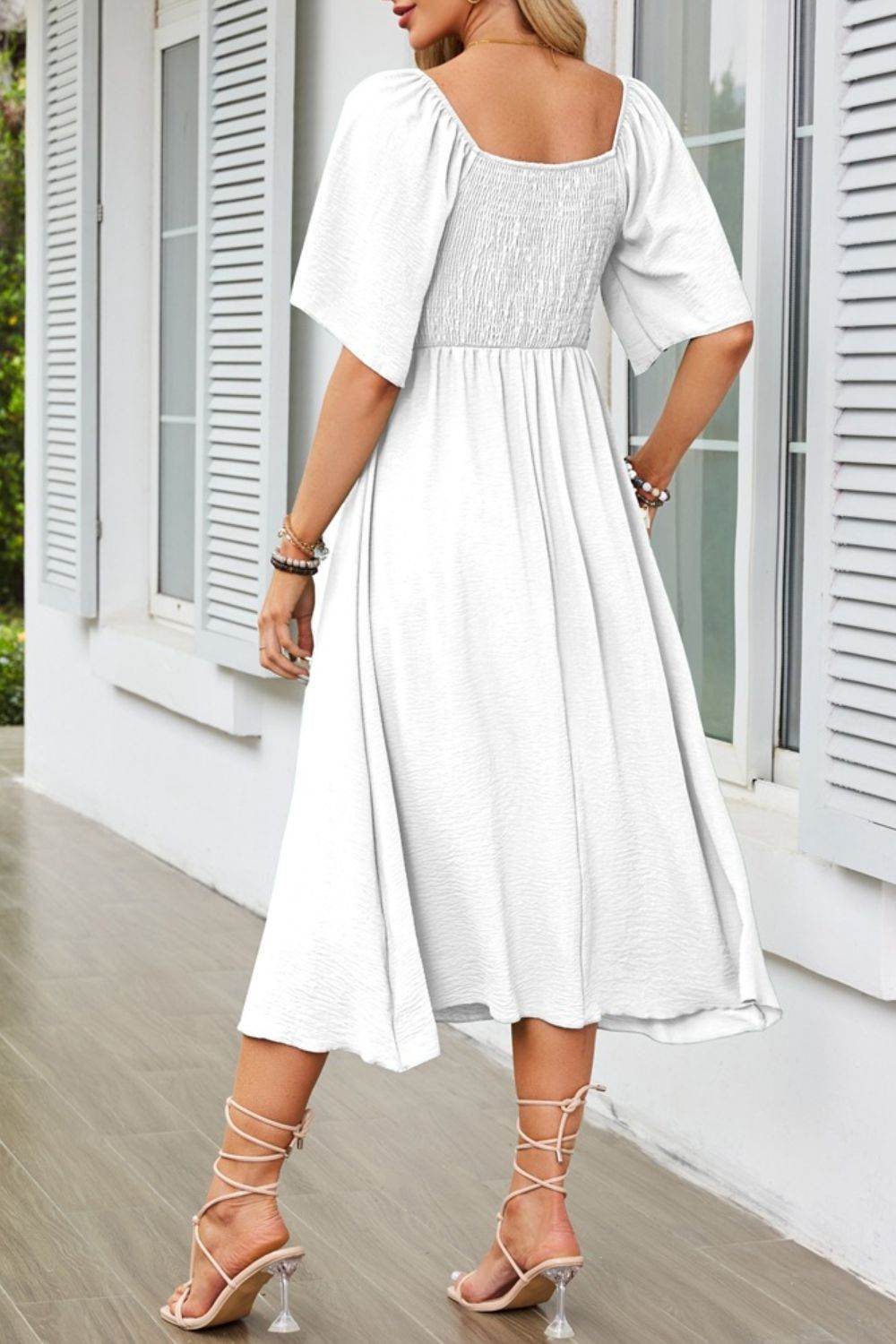Elegant Midi Dress with Bow Tie Front and Flutter Sleeves - MARIGOLD