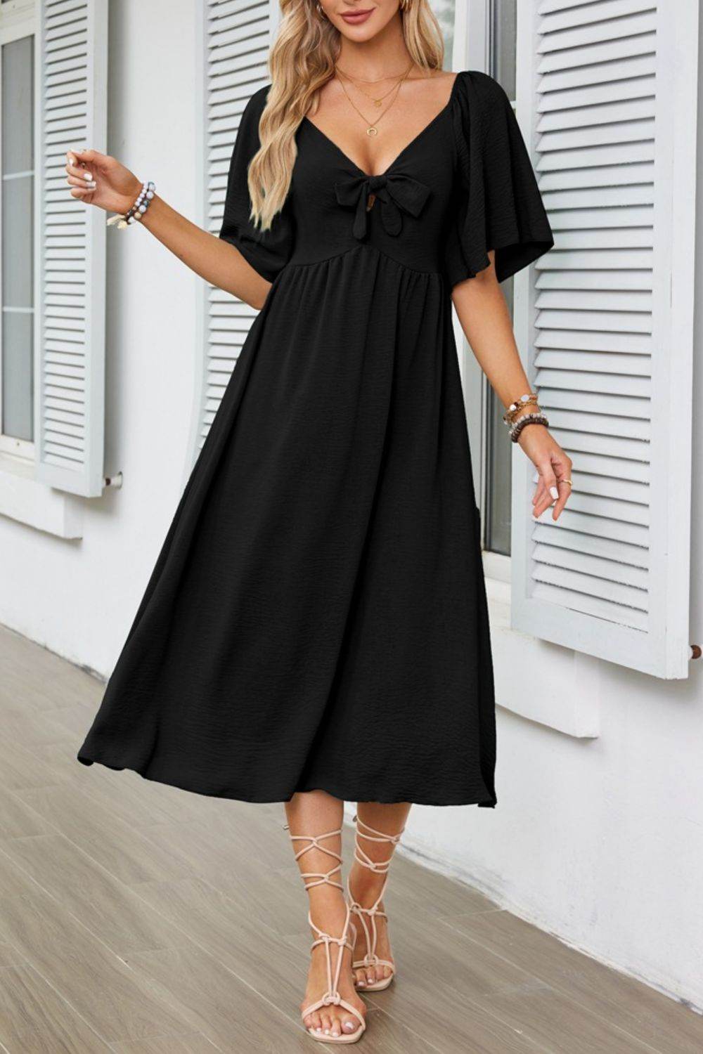 Elegant Midi Dress with Bow Tie Front and Flutter Sleeves - MARIGOLD