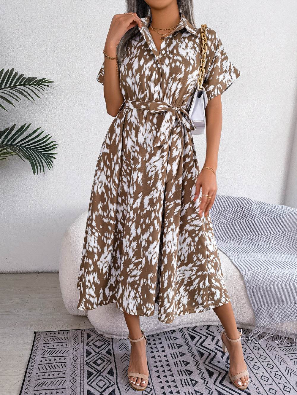 Leopard Print Shirt Midi Dress - Tie Waist, Collared & Short Sleeve - MARIGOLD