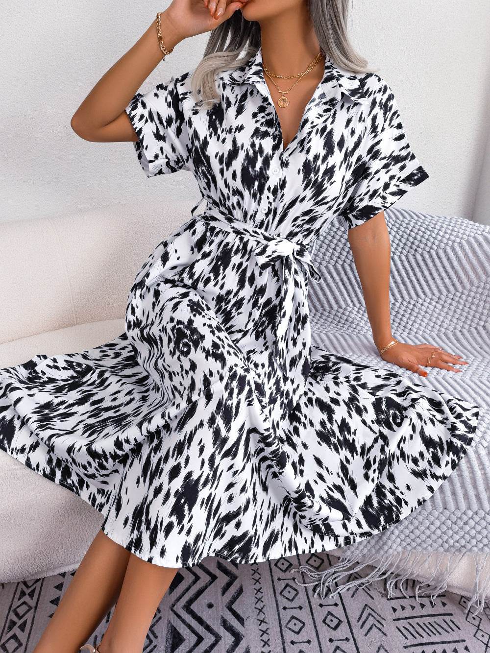 Leopard Print Shirt Midi Dress - Tie Waist, Collared & Short Sleeve - MARIGOLD