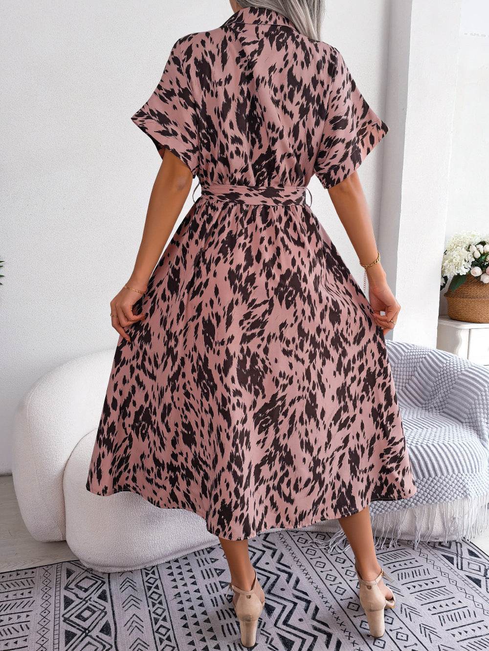 Leopard Print Shirt Midi Dress - Tie Waist, Collared & Short Sleeve - MARIGOLD