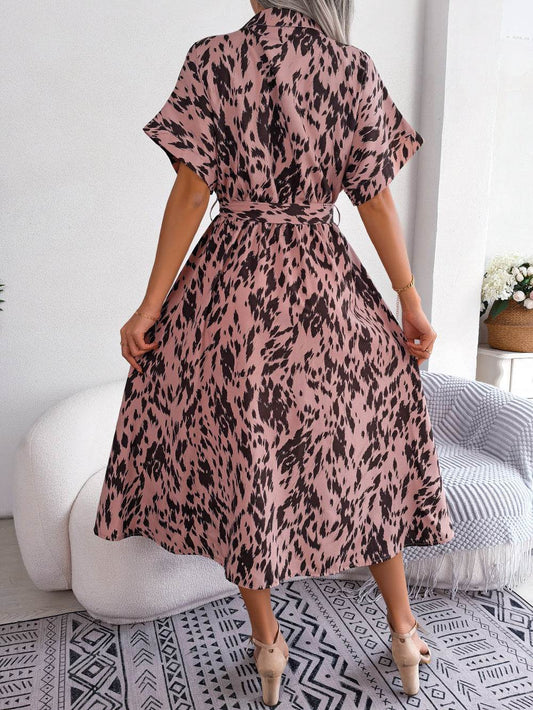 Leopard Print Shirt Midi Dress - Tie Waist, Collared & Short Sleeve - MARIGOLD