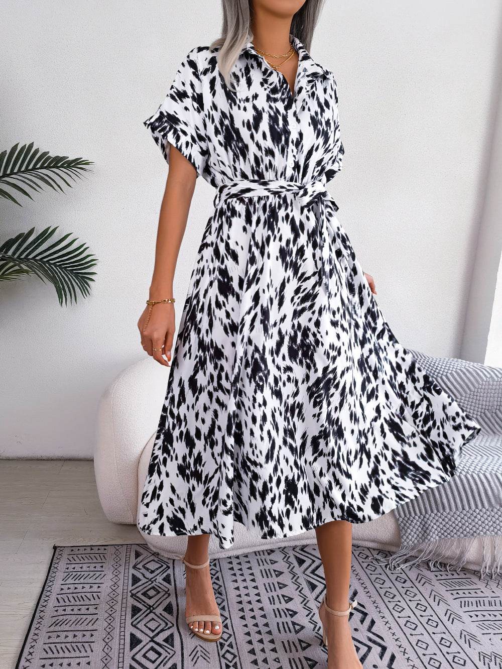 Leopard Print Shirt Midi Dress - Tie Waist, Collared & Short Sleeve - MARIGOLD