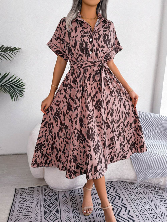 Leopard Print Shirt Midi Dress - Tie Waist, Collared & Short Sleeve - MARIGOLD