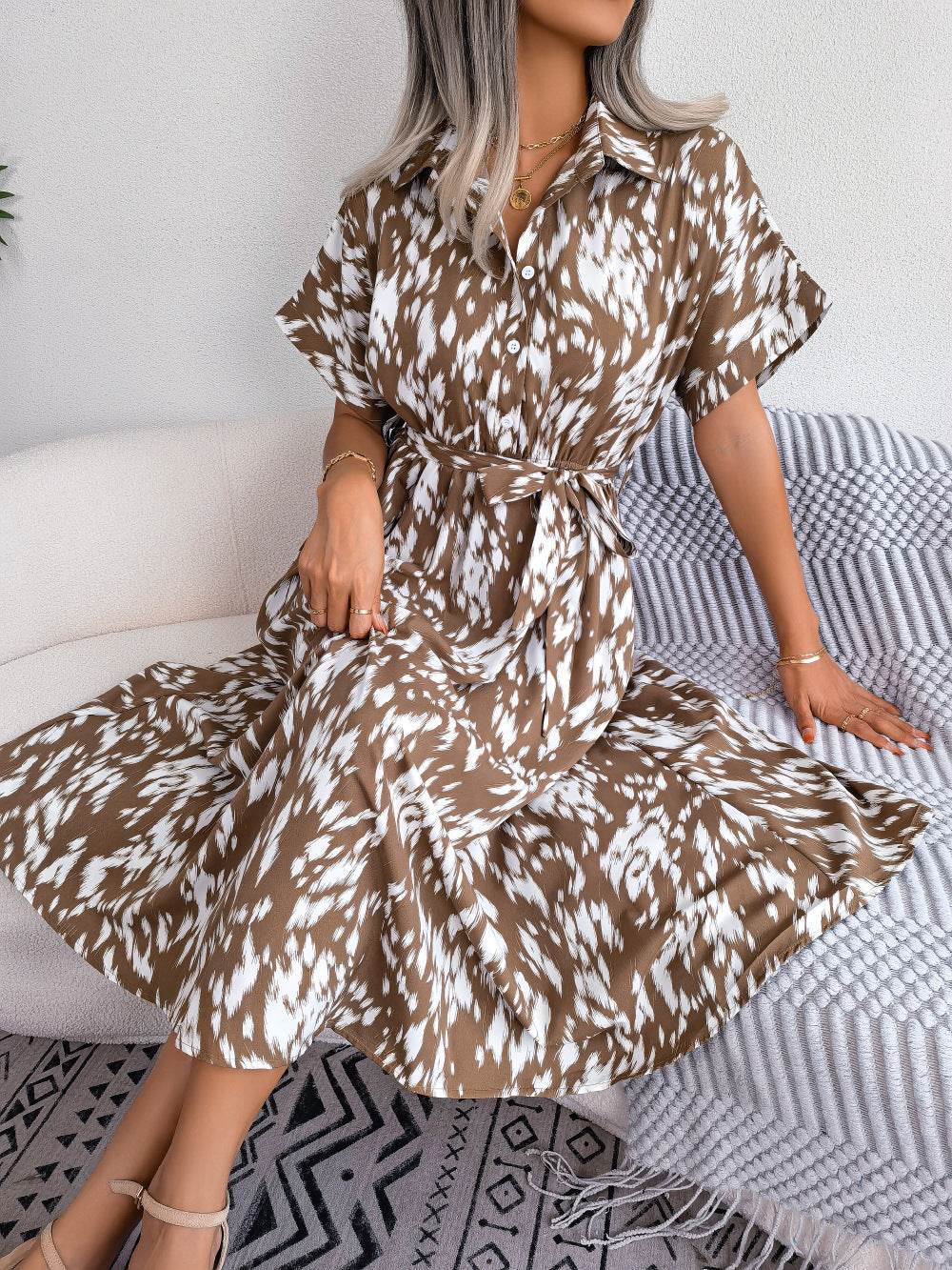 Leopard Print Shirt Midi Dress - Tie Waist, Collared & Short Sleeve - MARIGOLD