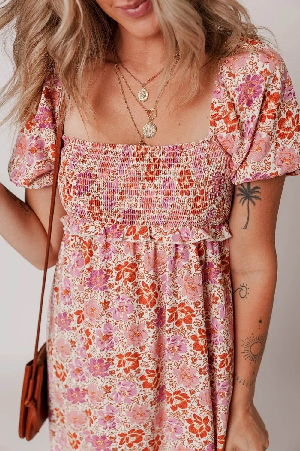 Pink Floral Boho Midi Dress with Back Bow Detail - MARIGOLD