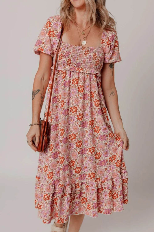 Pink Floral Boho Midi Dress with Back Bow Detail - MARIGOLD