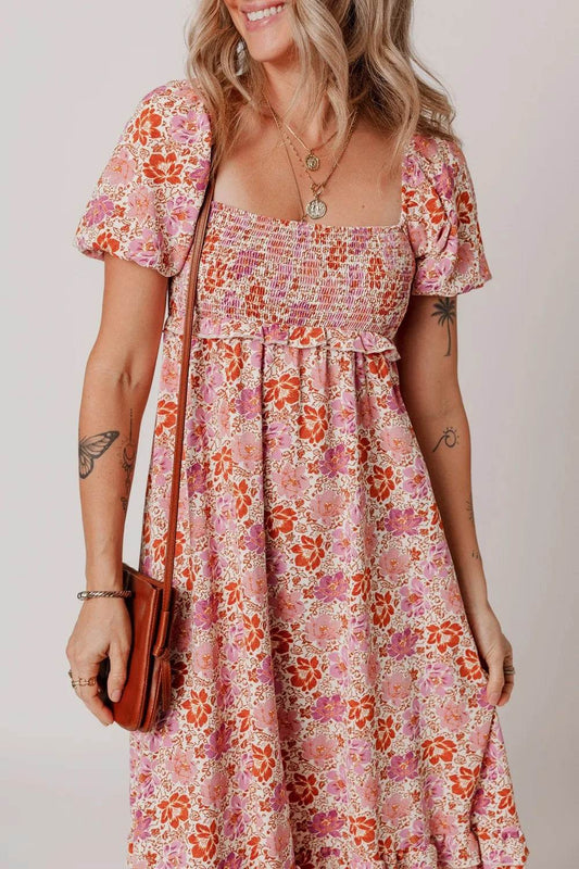 Pink Floral Boho Midi Dress with Back Bow Detail - MARIGOLD