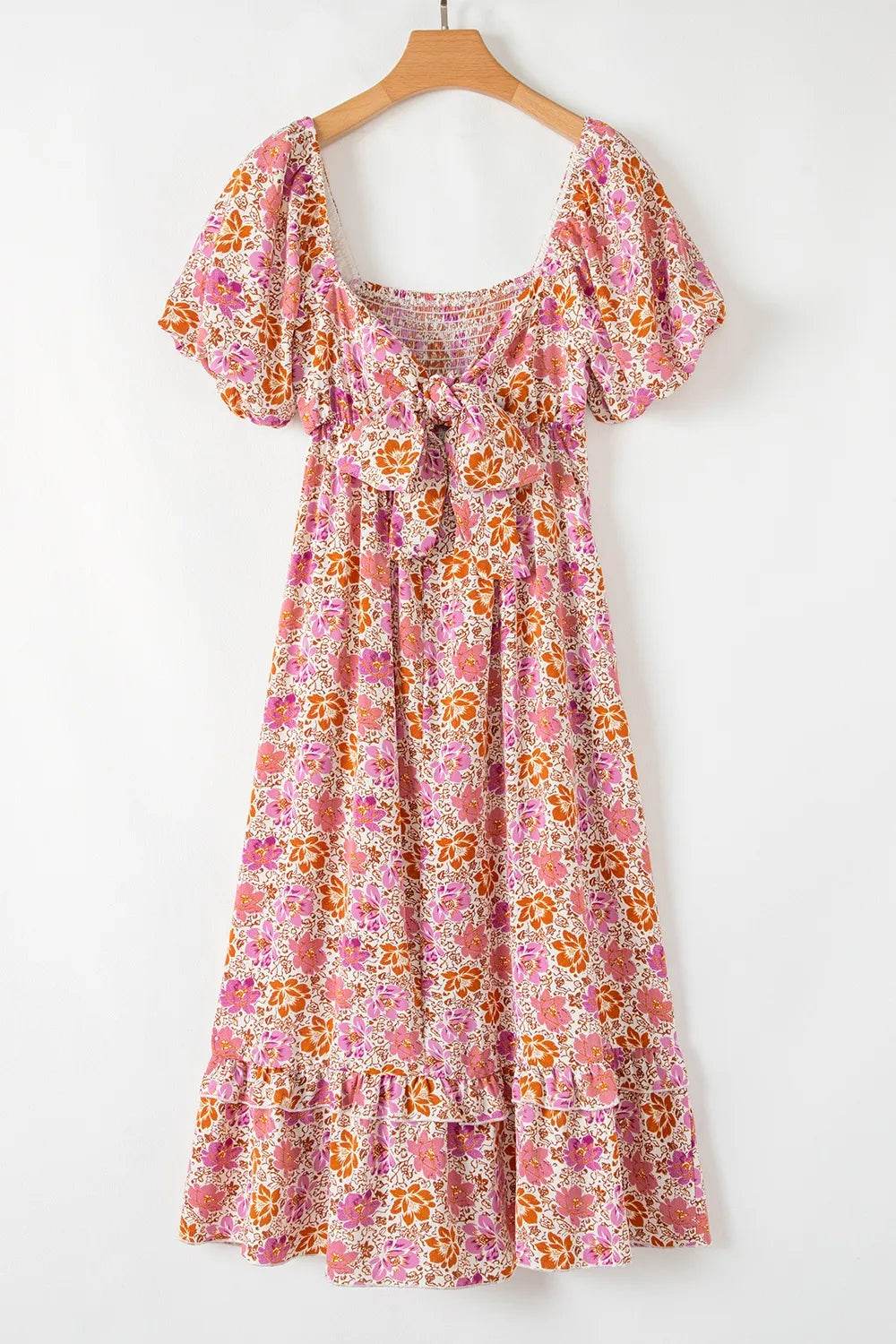 Pink Floral Boho Midi Dress with Back Bow Detail - MARIGOLD