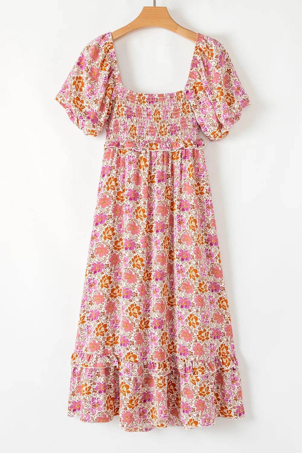 Pink Floral Boho Midi Dress with Back Bow Detail - MARIGOLD