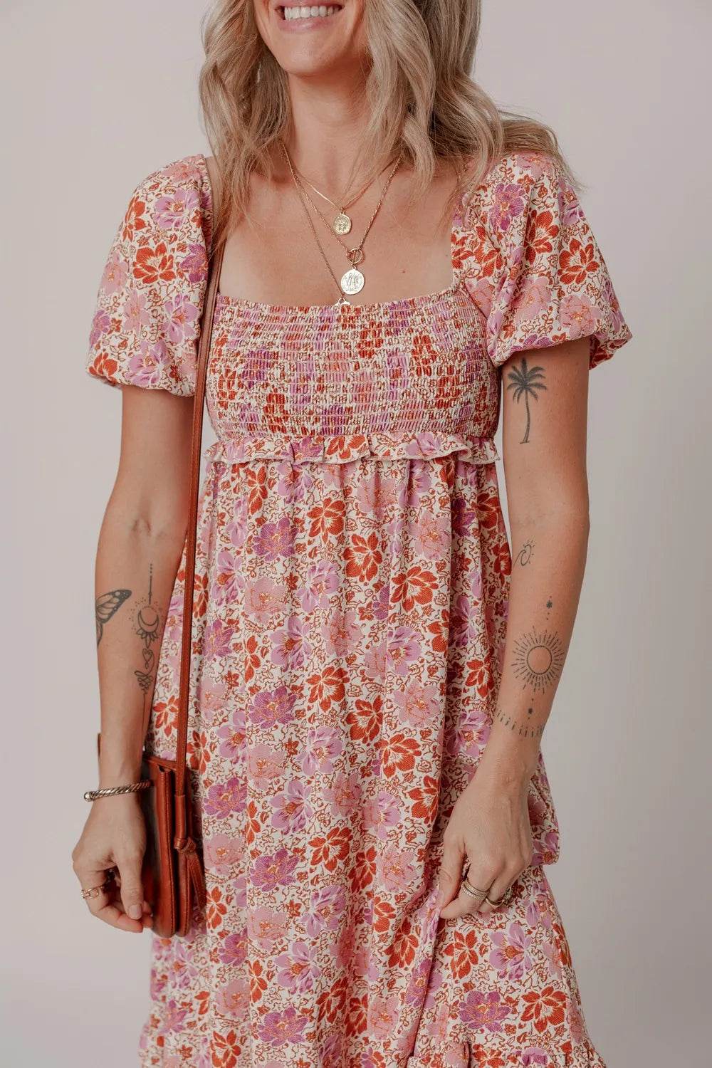 Pink Floral Boho Midi Dress with Back Bow Detail - MARIGOLD