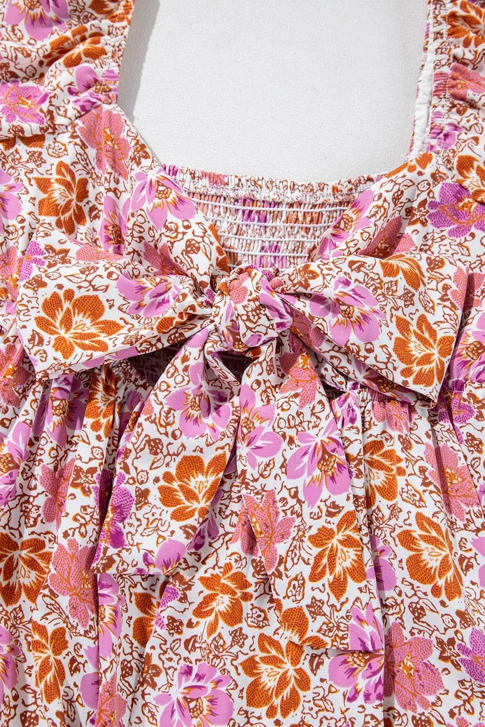 Pink Floral Boho Midi Dress with Back Bow Detail - MARIGOLD