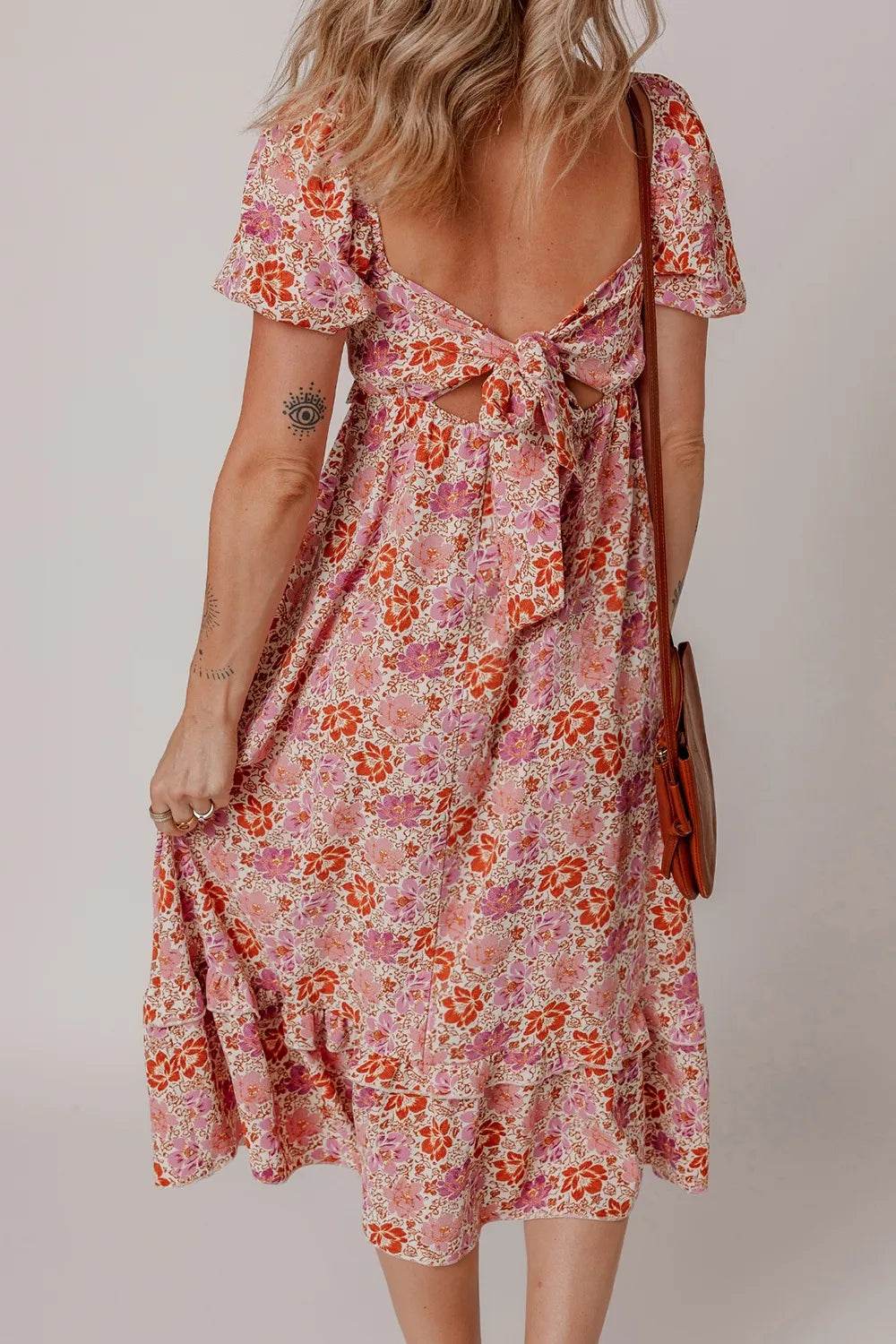 Pink Floral Boho Midi Dress with Back Bow Detail - MARIGOLD