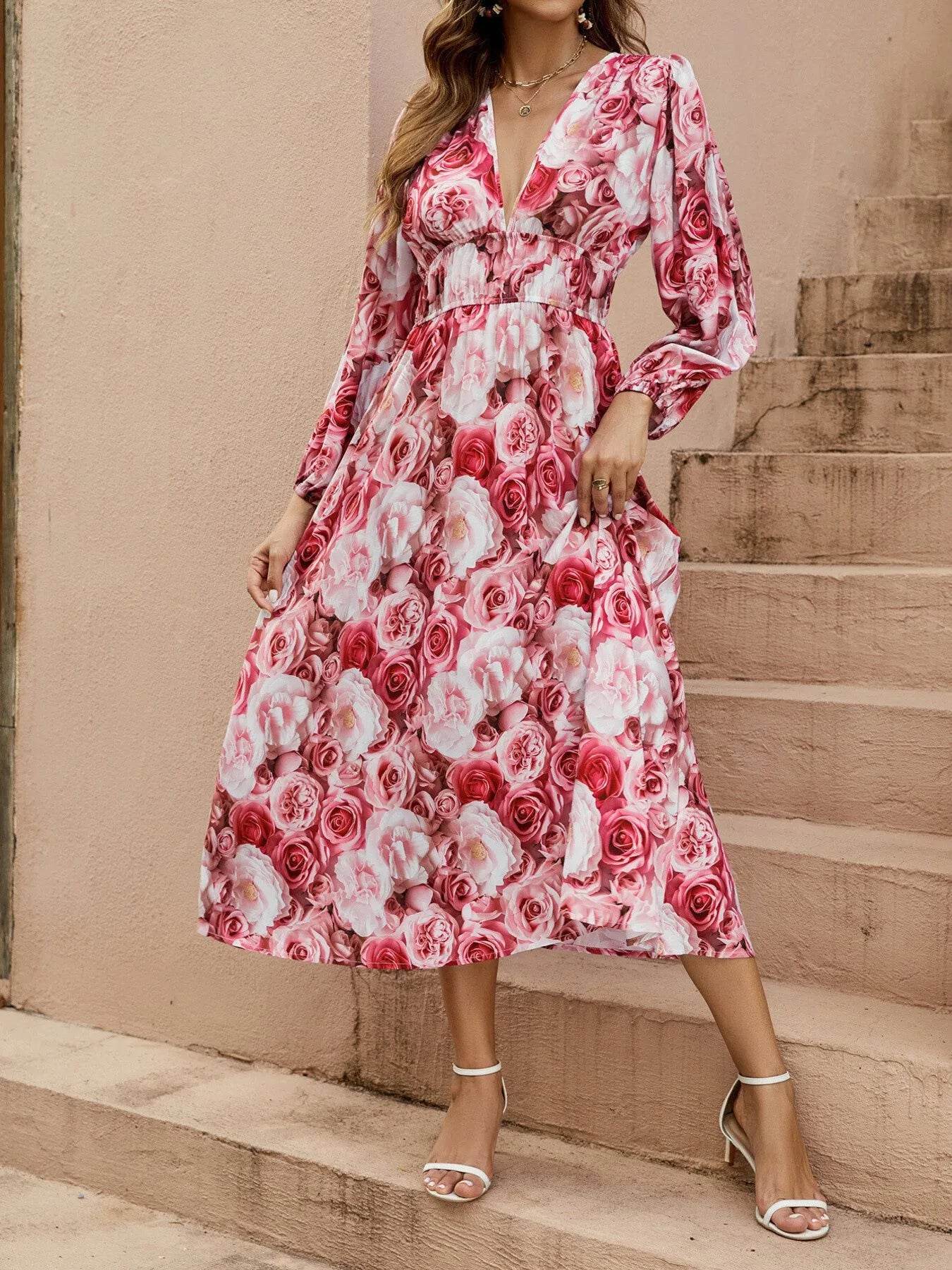 Floral V-Neck Long Sleeve Dress - MARIGOLD