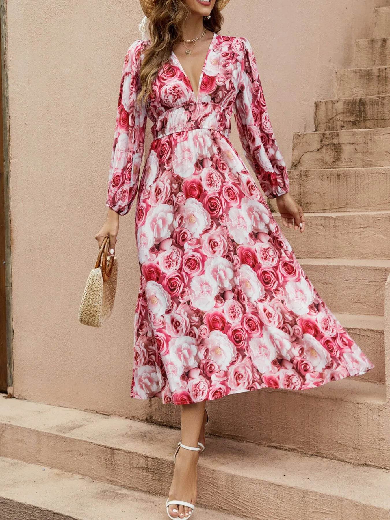 Floral V-Neck Long Sleeve Dress - MARIGOLD