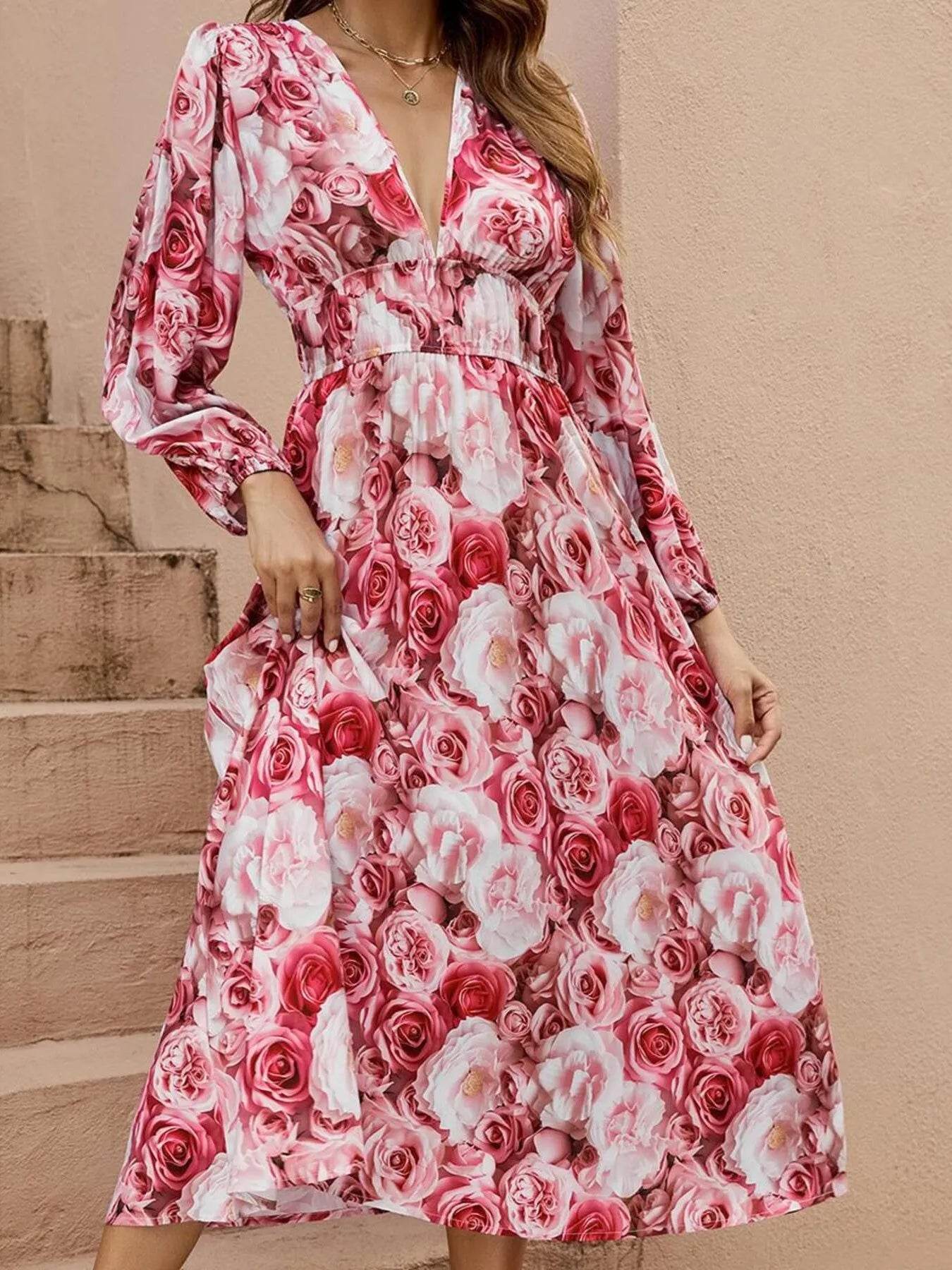 Floral V-Neck Long Sleeve Dress - MARIGOLD