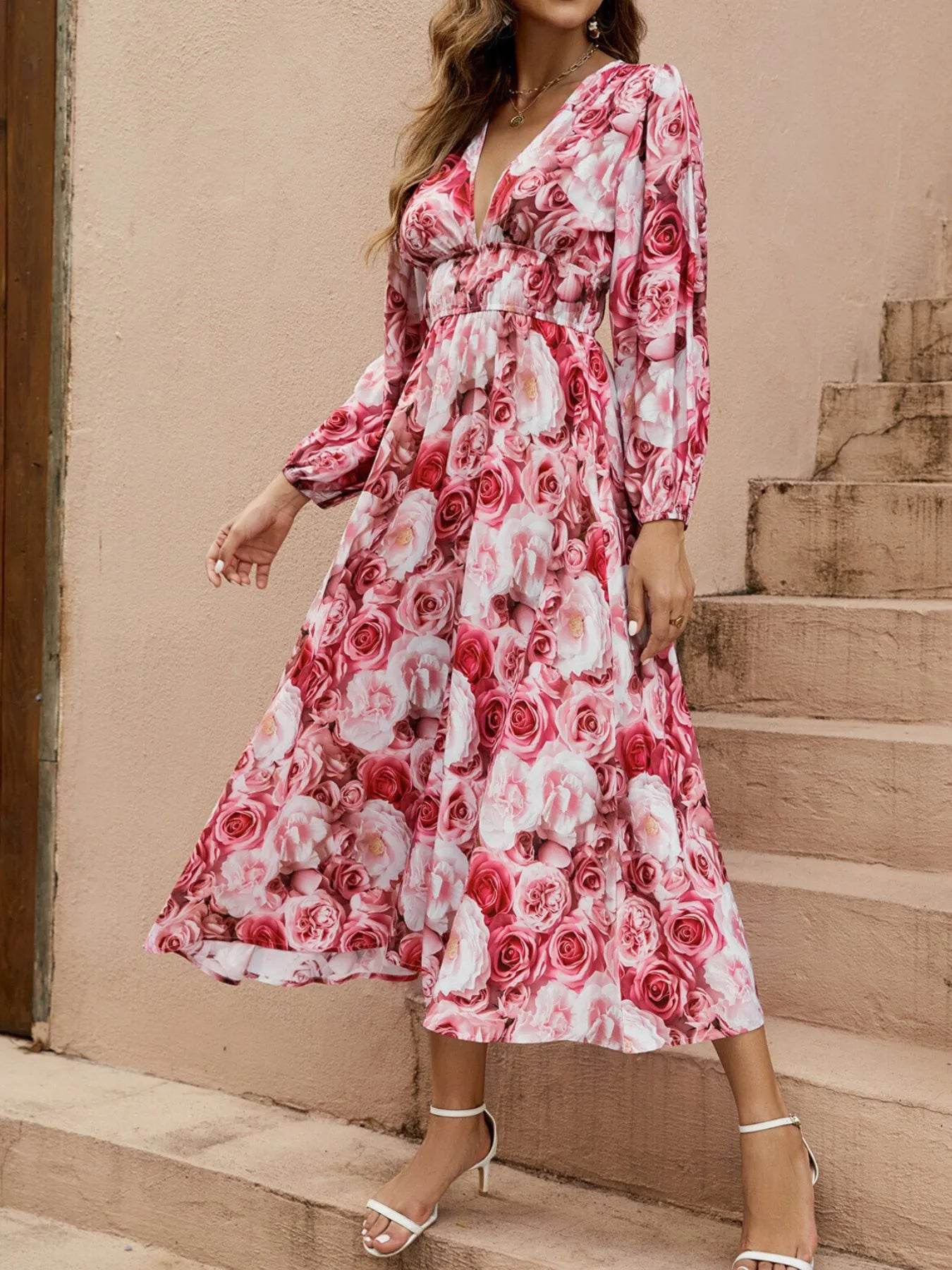 Floral V-Neck Long Sleeve Dress - MARIGOLD
