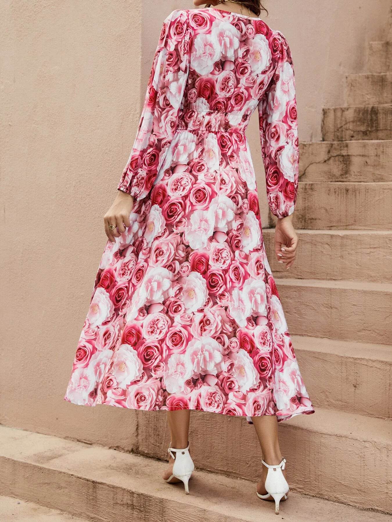 Floral V-Neck Long Sleeve Dress - MARIGOLD