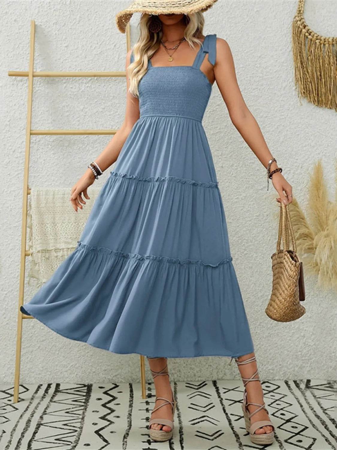 Shoulder-Tie Smocked Tiered Midi Dress - MARIGOLD
