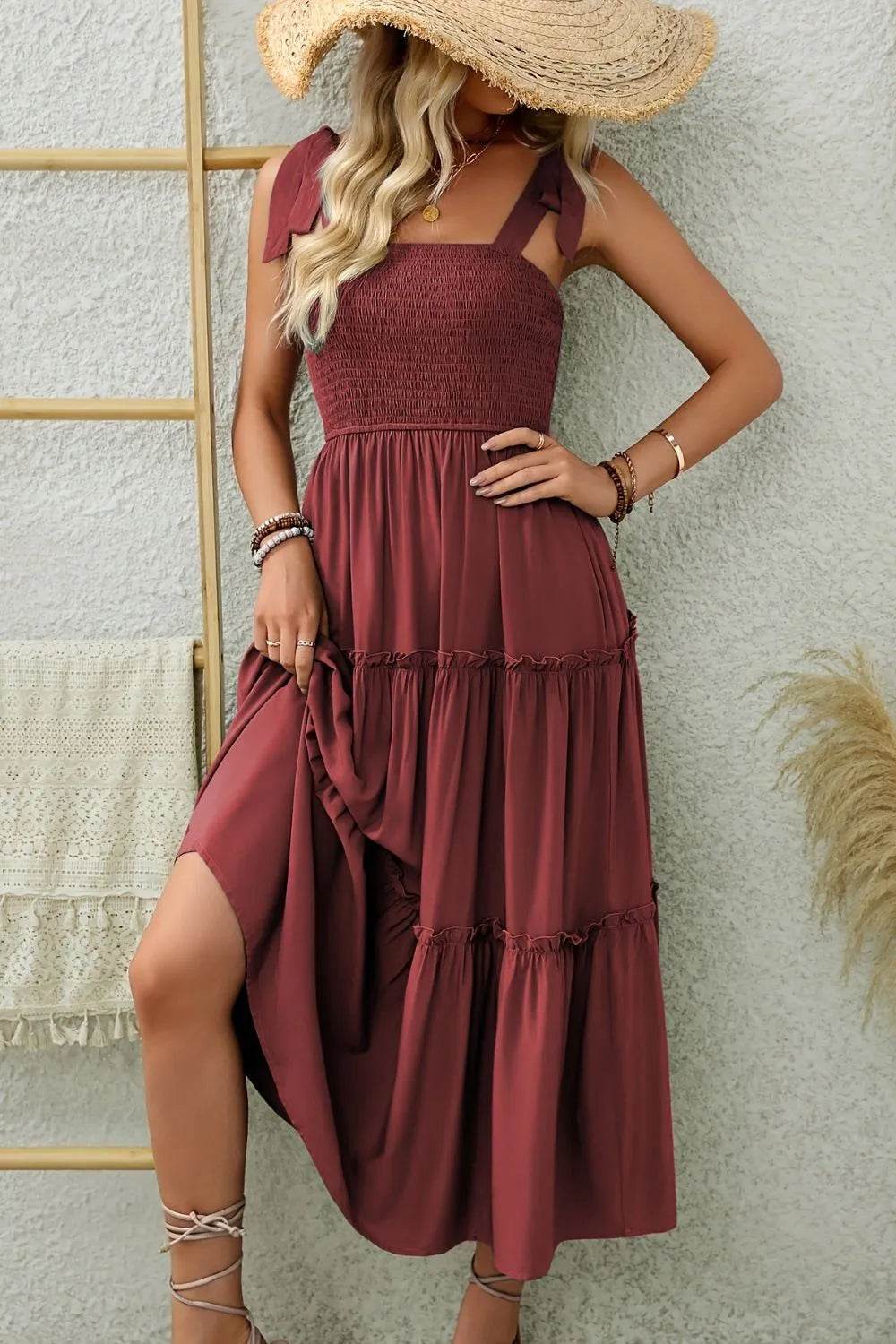Shoulder-Tie Smocked Tiered Midi Dress - MARIGOLD