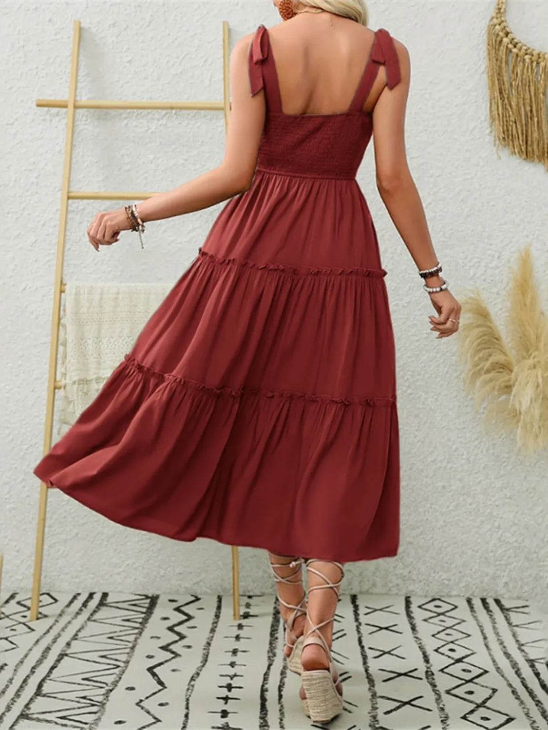 Shoulder-Tie Smocked Tiered Midi Dress - MARIGOLD