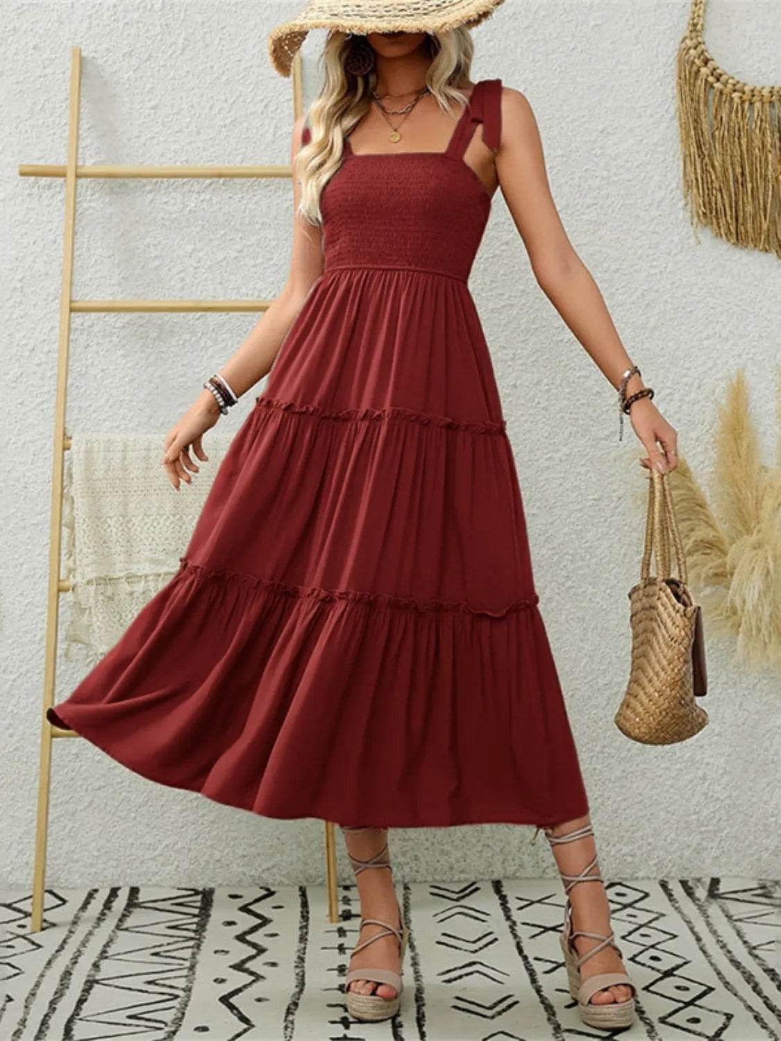 Shoulder-Tie Smocked Tiered Midi Dress - MARIGOLD