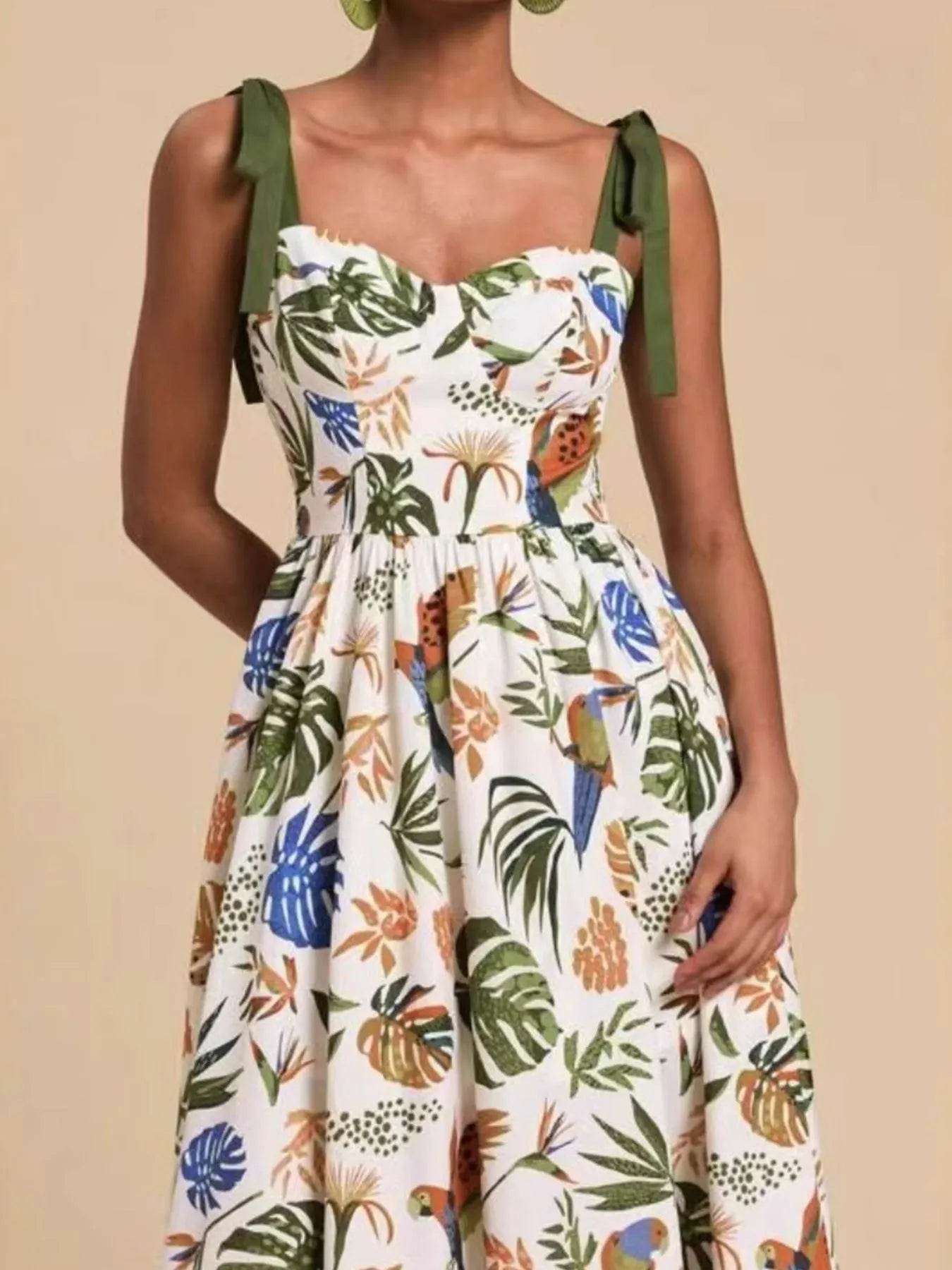 Tropical Print Tie-Shoulder Sweetheart Neck Midi Dress - MARIGOLD