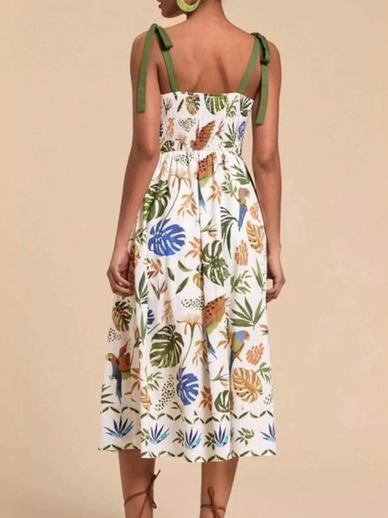 Tropical Print Tie-Shoulder Sweetheart Neck Midi Dress - MARIGOLD