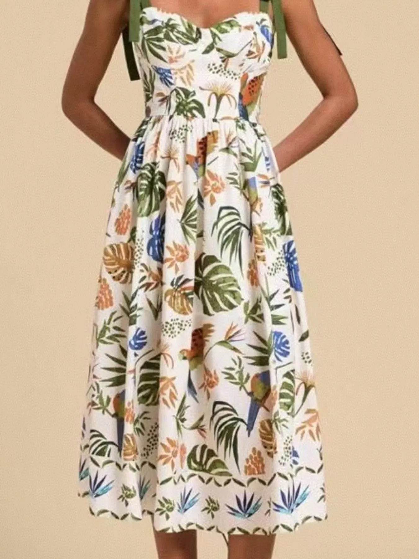 Tropical Print Tie-Shoulder Sweetheart Neck Midi Dress - MARIGOLD