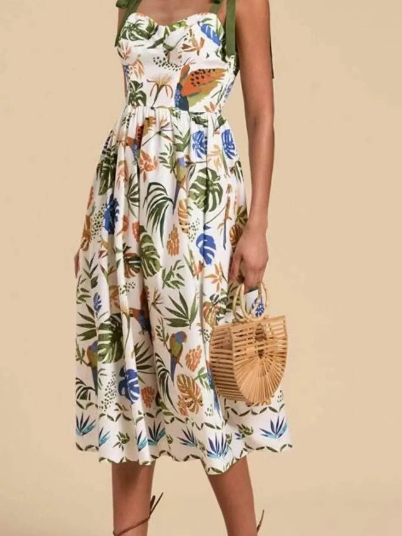 Tropical Print Tie-Shoulder Sweetheart Neck Midi Dress - MARIGOLD