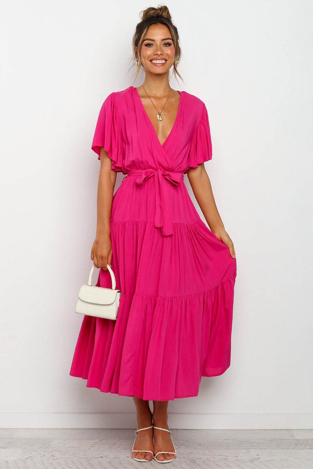 Tie-Waist Angel Sleeve Tiered Midi Dress - MARIGOLD