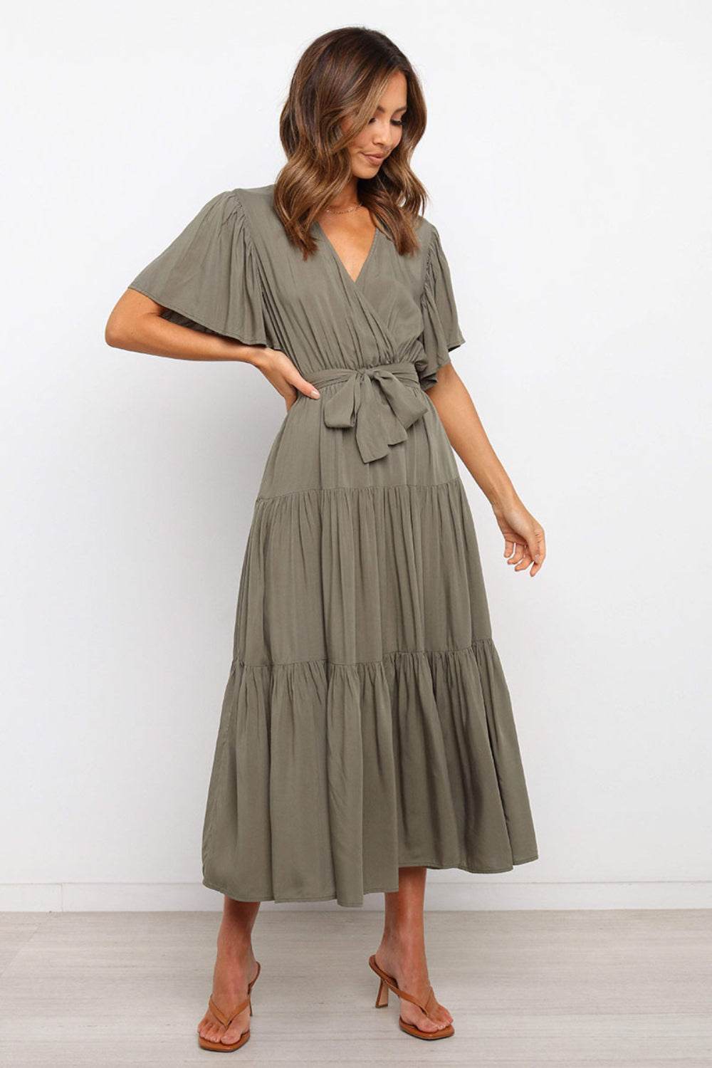 Tie-Waist Angel Sleeve Tiered Midi Dress - MARIGOLD