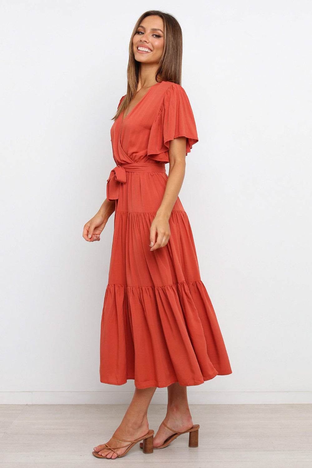 Tie-Waist Angel Sleeve Tiered Midi Dress - MARIGOLD