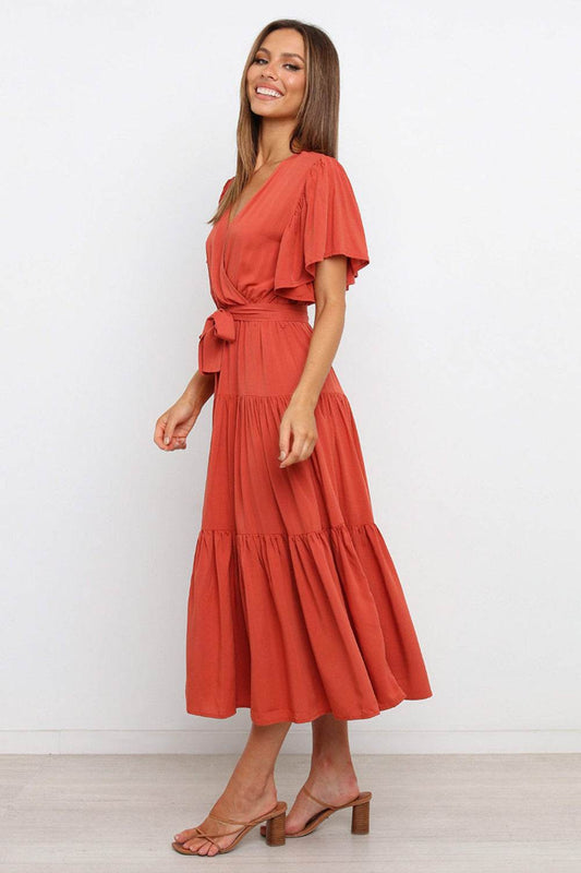 Tie-Waist Angel Sleeve Tiered Midi Dress - MARIGOLD