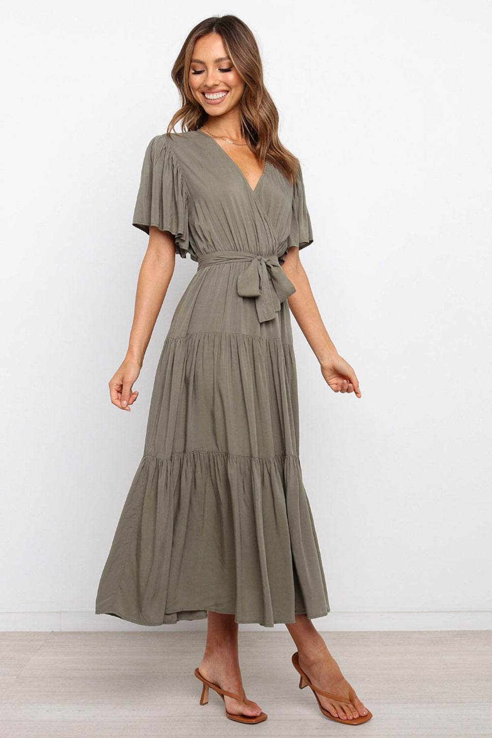 Tie-Waist Angel Sleeve Tiered Midi Dress - MARIGOLD