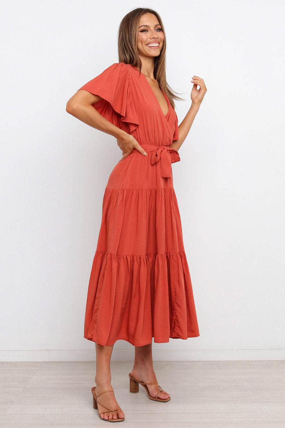 Tie-Waist Angel Sleeve Tiered Midi Dress - MARIGOLD