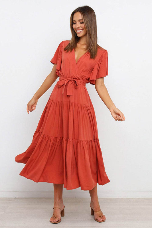 Tie-Waist Angel Sleeve Tiered Midi Dress - MARIGOLD