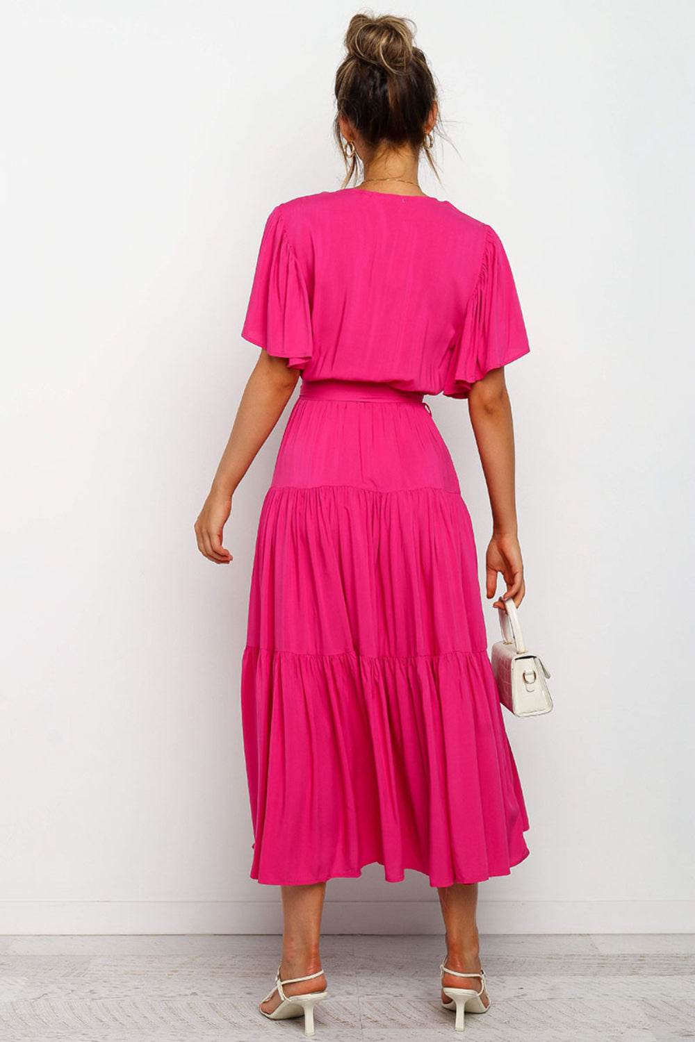 Tie-Waist Angel Sleeve Tiered Midi Dress - MARIGOLD