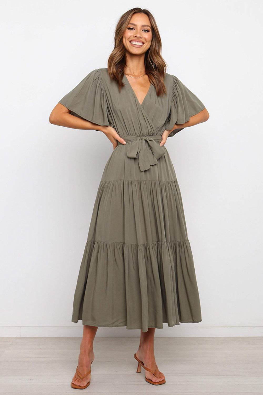Tie-Waist Angel Sleeve Tiered Midi Dress - MARIGOLD