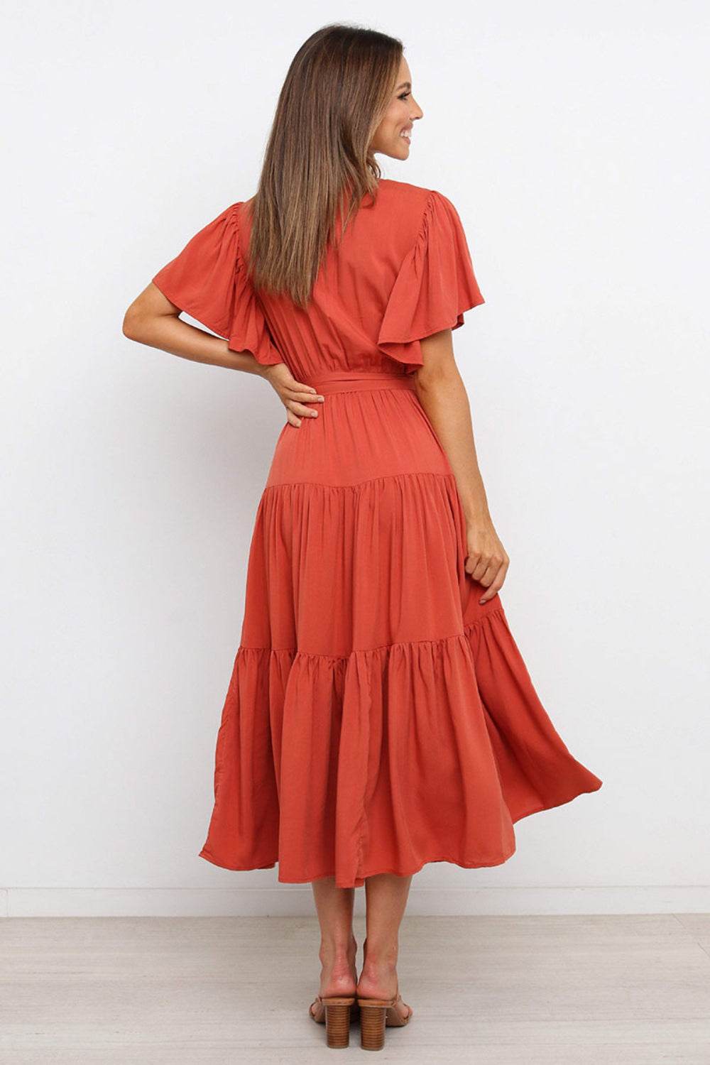 Tie-Waist Angel Sleeve Tiered Midi Dress - MARIGOLD