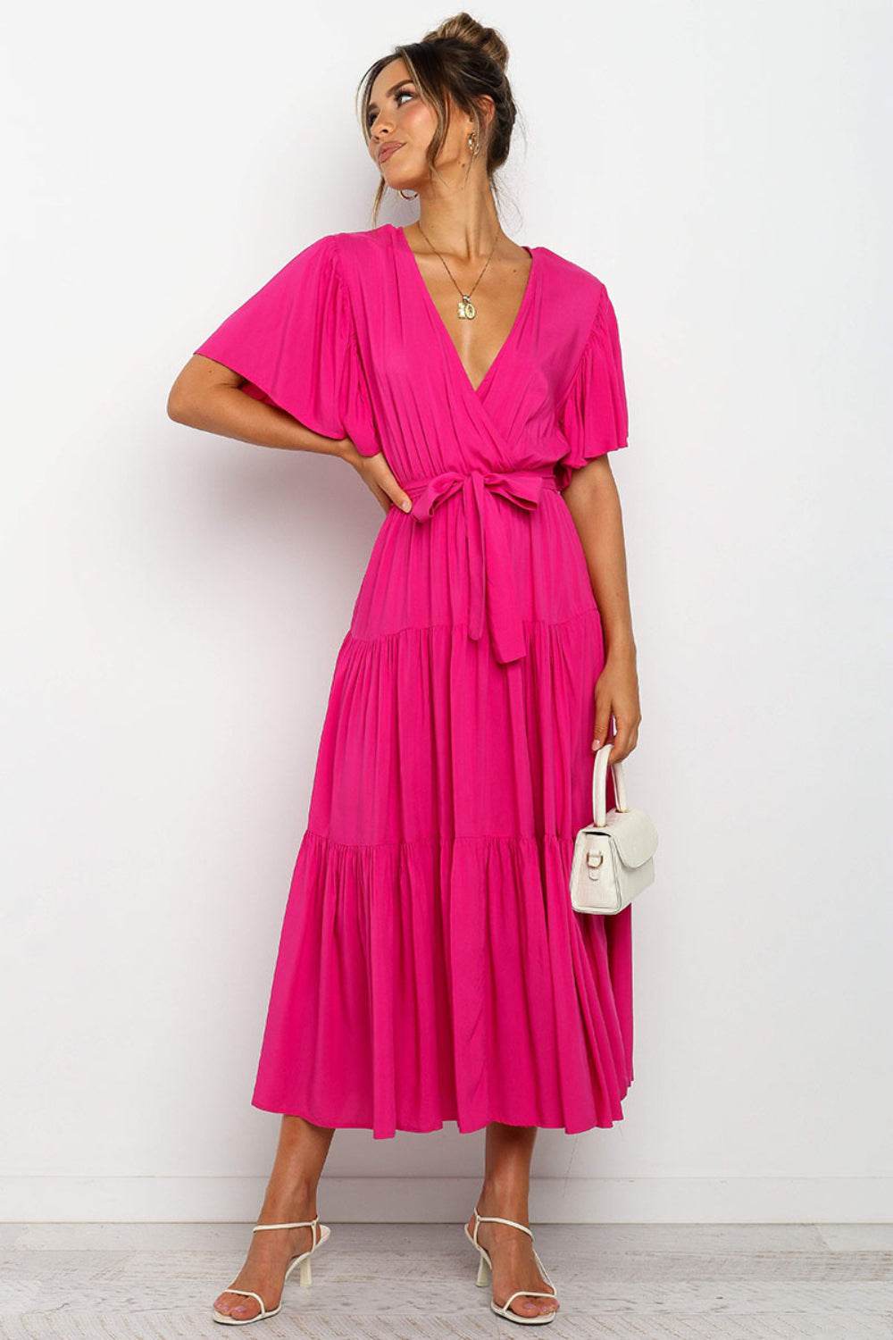 Tie-Waist Angel Sleeve Tiered Midi Dress - MARIGOLD