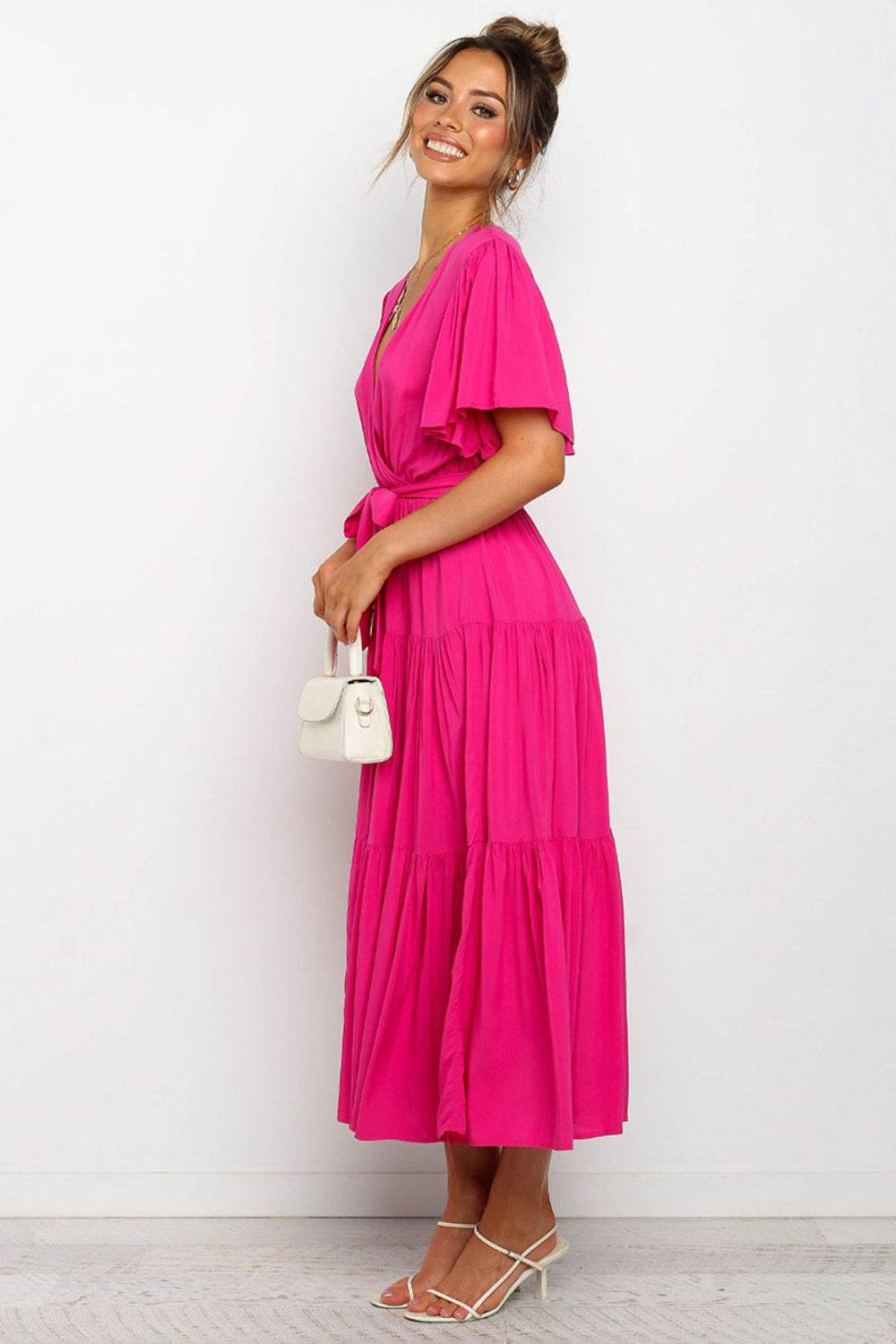 Tie-Waist Angel Sleeve Tiered Midi Dress - MARIGOLD