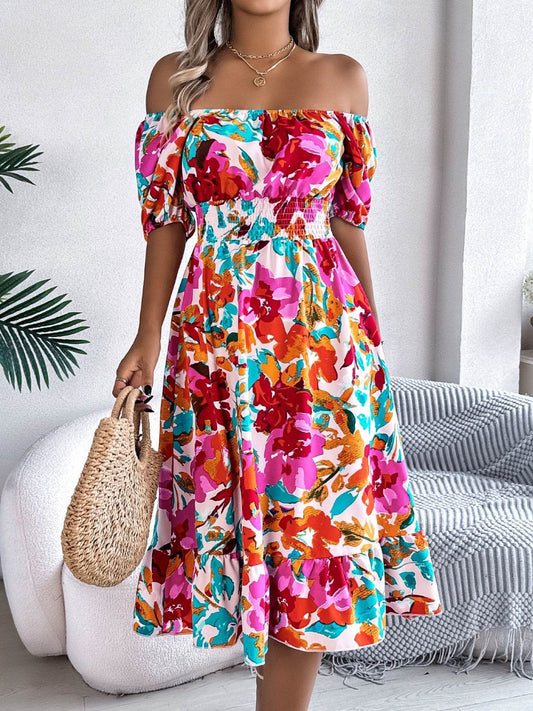 Floral Short Sleeve Midi Dress with Ruffled Hem - MARIGOLD