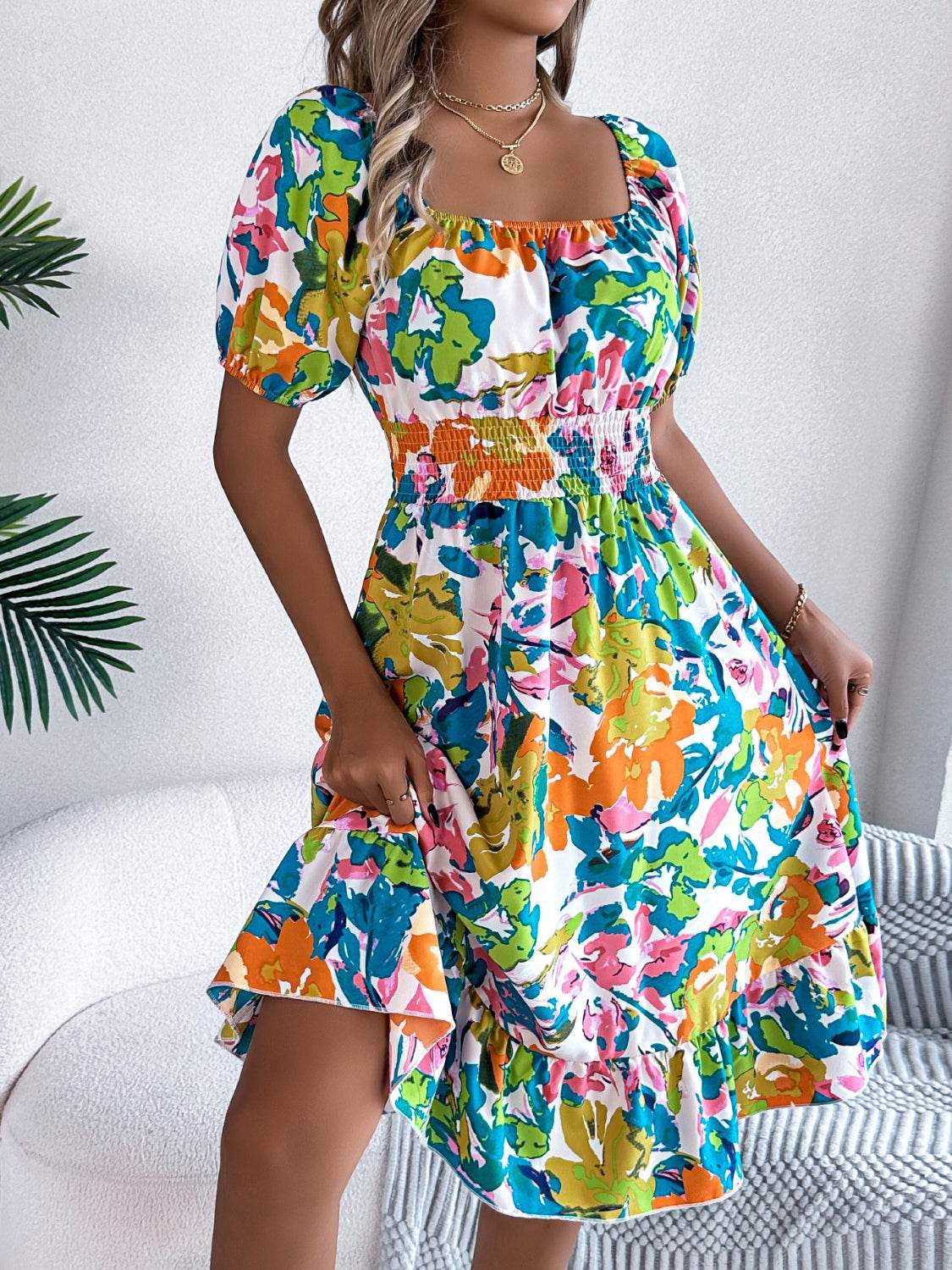 Floral Short Sleeve Midi Dress with Ruffled Hem - MARIGOLD
