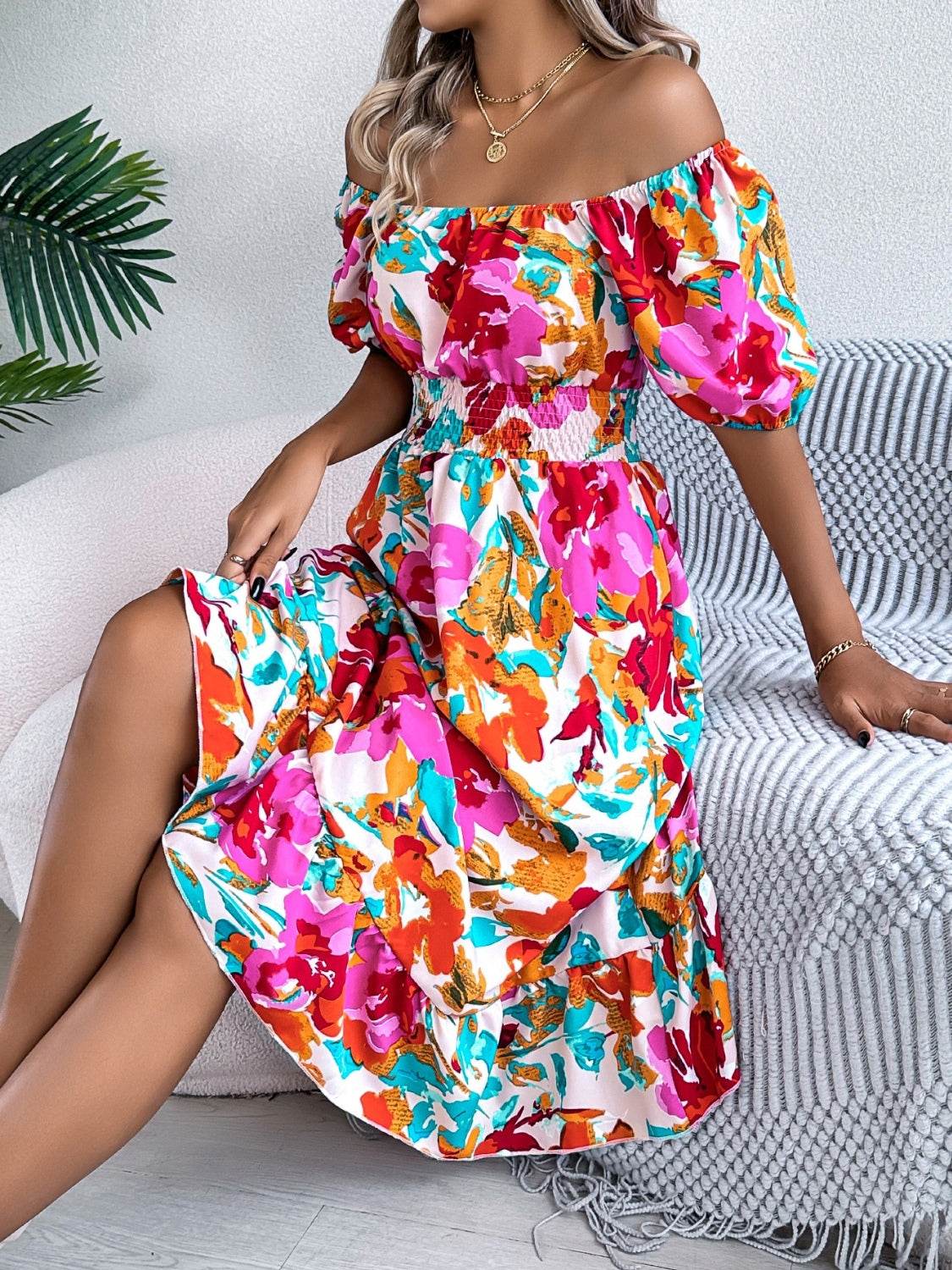 Floral Short Sleeve Midi Dress with Ruffled Hem - MARIGOLD