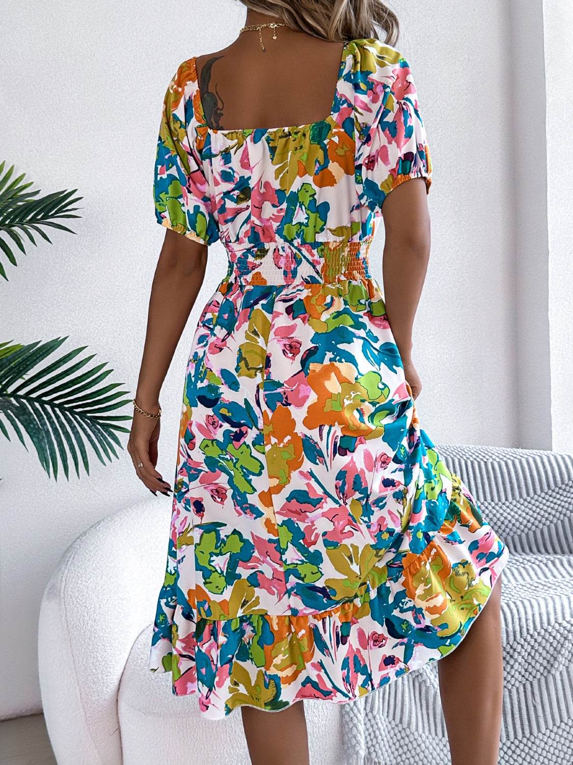 Floral Short Sleeve Midi Dress with Ruffled Hem - MARIGOLD