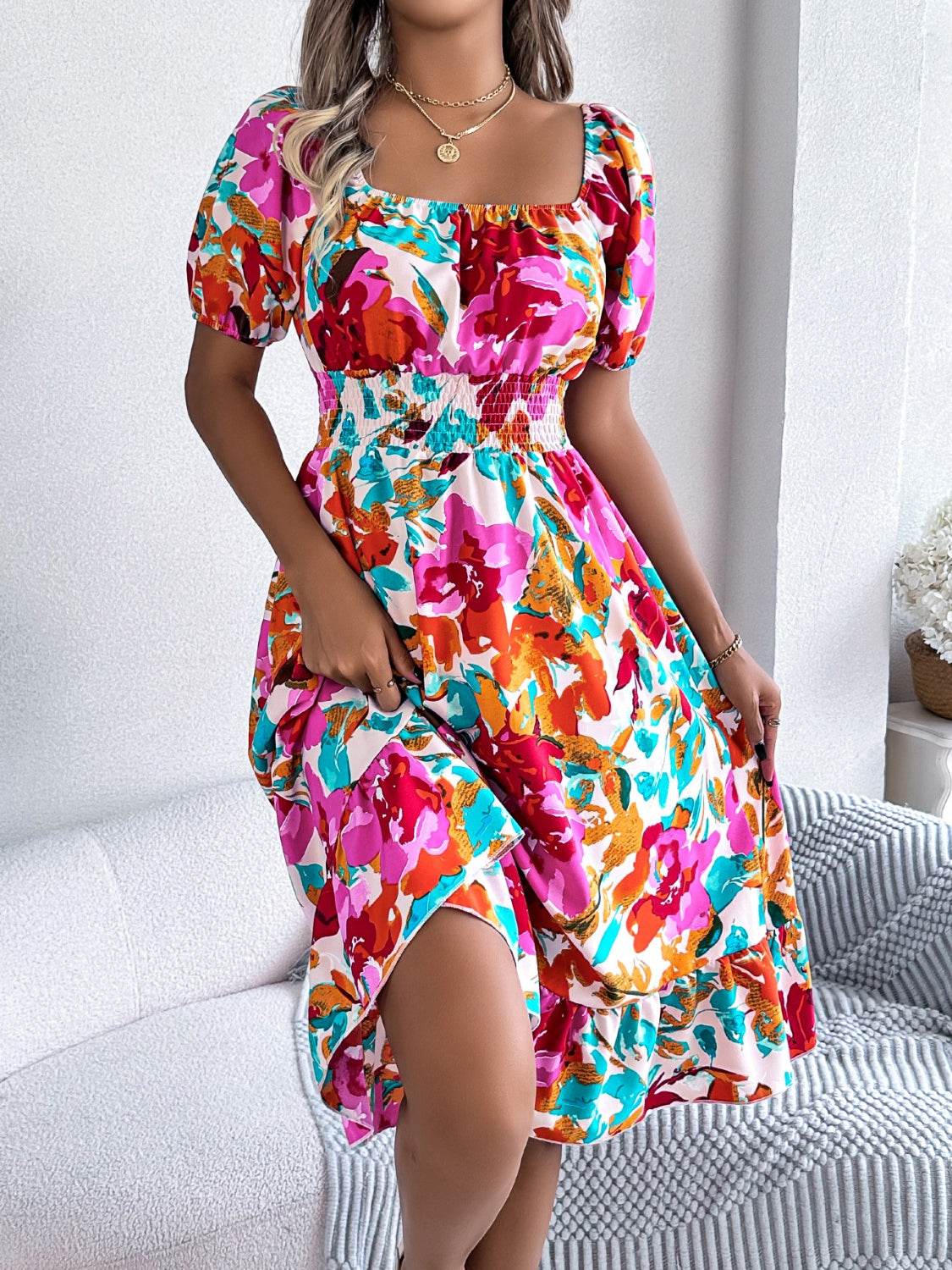 Floral Short Sleeve Midi Dress with Ruffled Hem - MARIGOLD