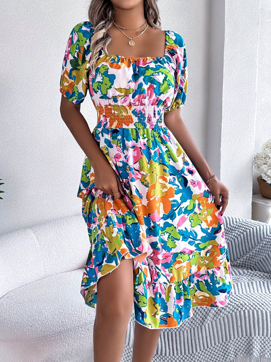 Floral Short Sleeve Midi Dress with Ruffled Hem - MARIGOLD