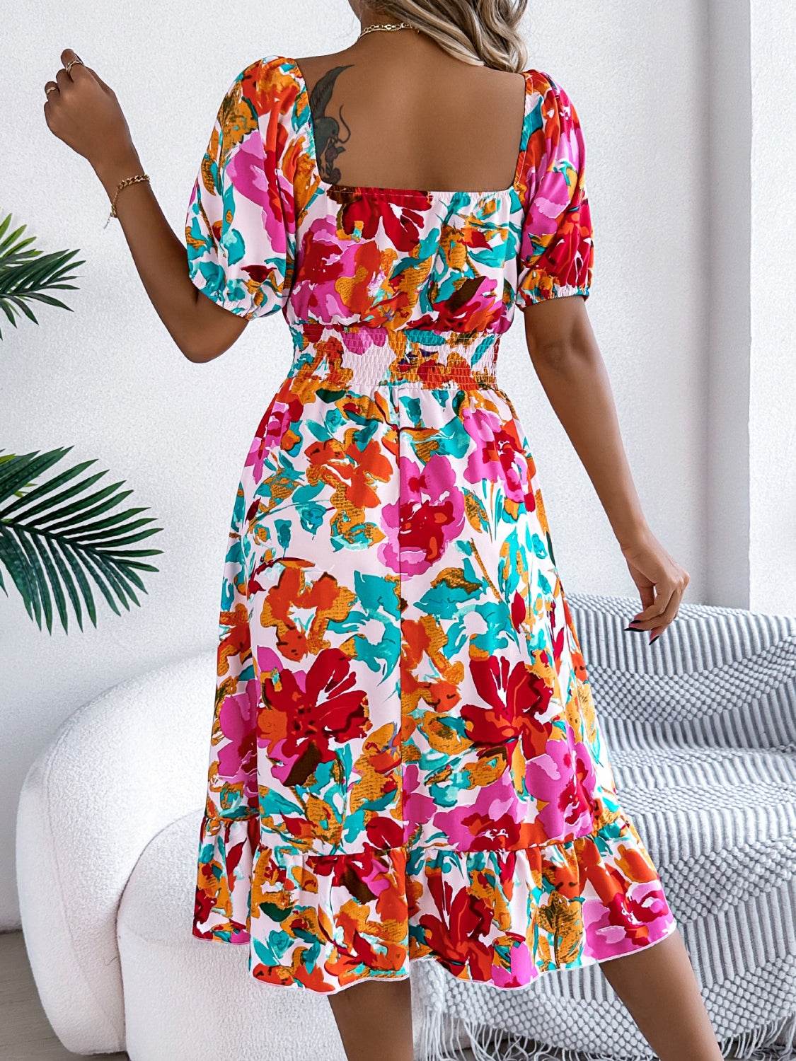 Floral Short Sleeve Midi Dress with Ruffled Hem - MARIGOLD