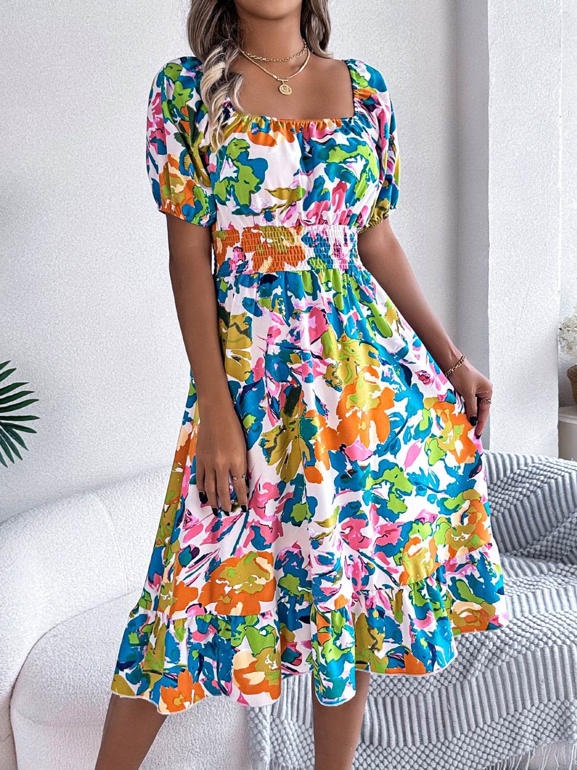 Floral Short Sleeve Midi Dress with Ruffled Hem - MARIGOLD